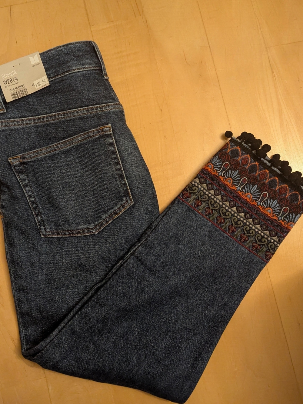 Topshop Dark Blue Straight Jeans with Embroidered Pompom Hem